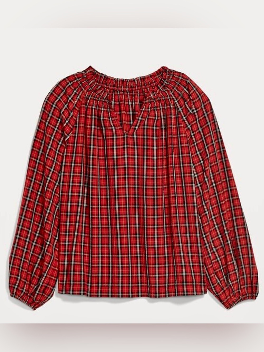 Old Navy Red Plaid Smocked-Neck Peasant Top